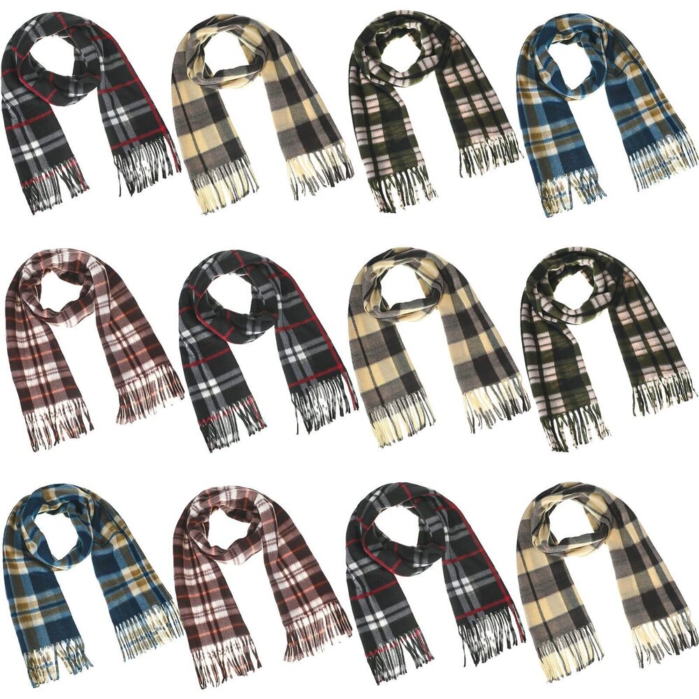 8588 Buffalo Plaid Scarves 12 Pack - Thick Warm Knit Scarf Tassel Edge